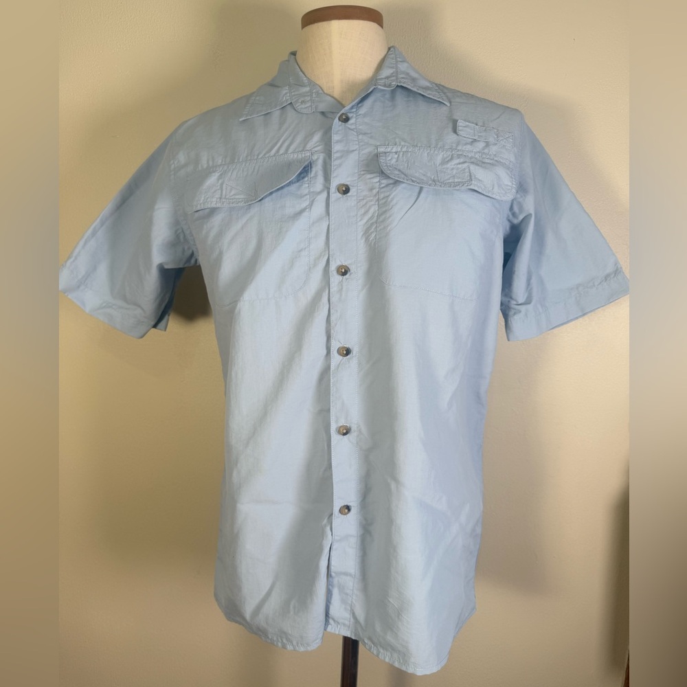 Wrangler Nylon Button Up Shirt Mens Medium Blue Casual Work Short Sleeve
